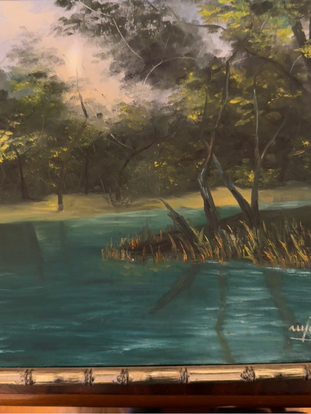 Vintage Signed Original Forest Lake Painting Faux Bamboo Frame